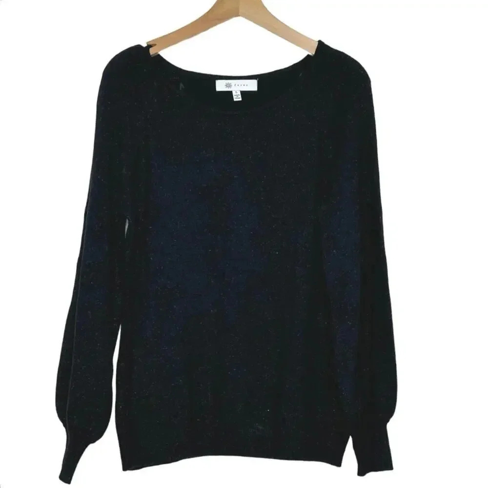 Fever Metallic Shimmer Balloon Sleeve Sweater Large Black MI258376FS Scoop Neck